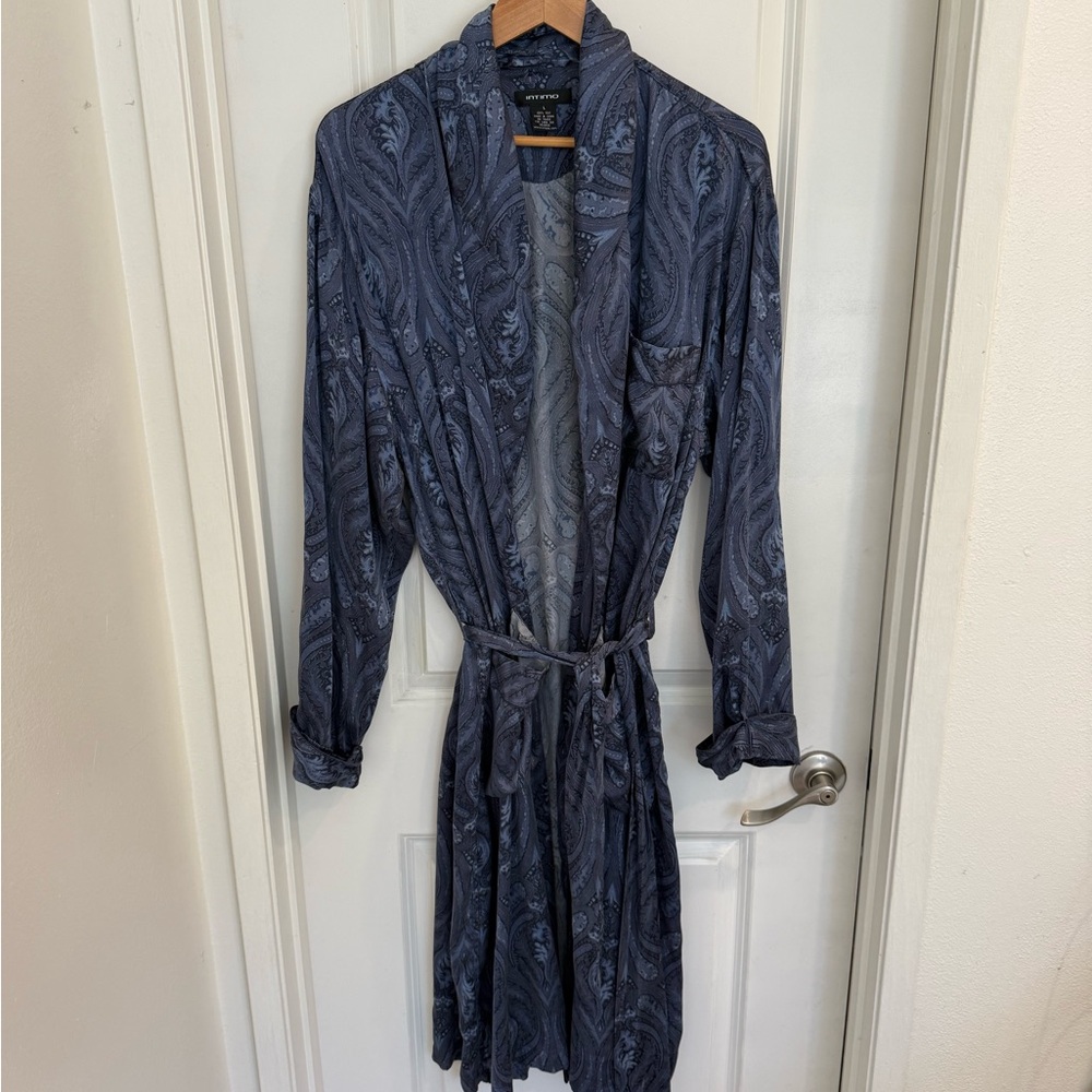 Intimo Navy Grey Paisley Satin Robe with Self-Tie Belt